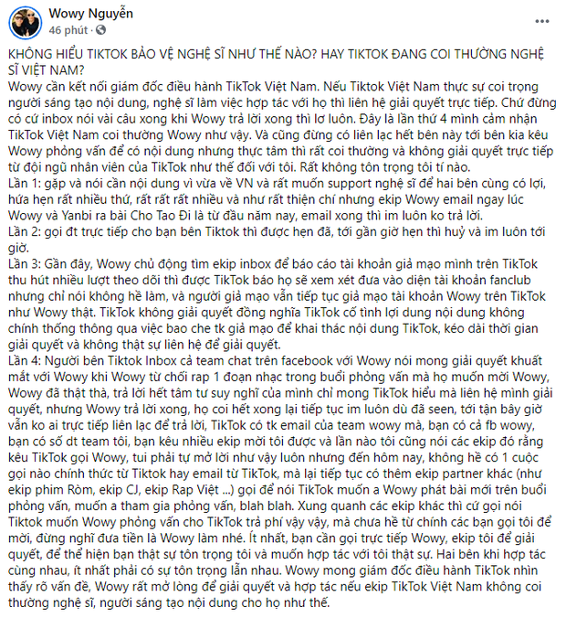 Wowy bức xúc vì TikTok đang coi thường nghệ sĩ Việt Nam: phản ánh có người giả mạo nhưng không giải quyết, hủy hẹn giờ chót? - Ảnh 1.