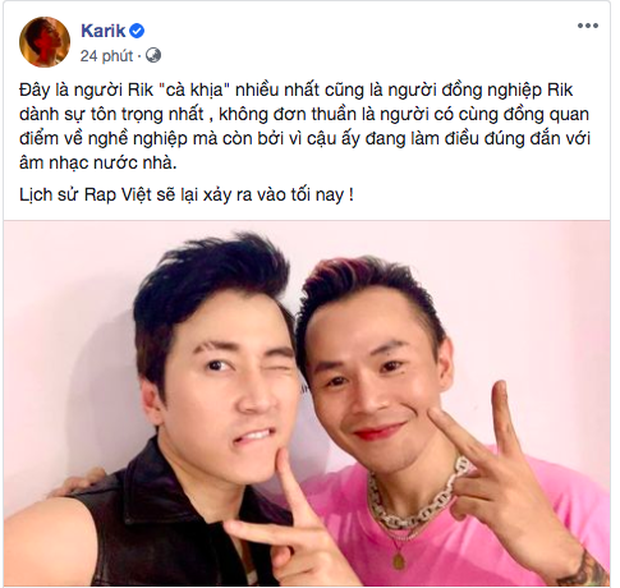 Trước giờ G vòng Đối đầu của team Binz, Karik đăng ảnh selfie khẳng định: Lịch sử Rap Việt sẽ xảy ra vào tối nay! - Ảnh 1.