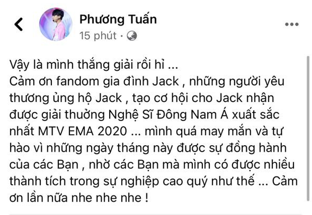 Jack chiến thắng giải Nghệ Sĩ Đông Nam Á xuất sắc nhất tại MTV EMA 2020 sau Mỹ Tâm, Đông Nhi, Sơn Tùng M-TP - Ảnh 4.
