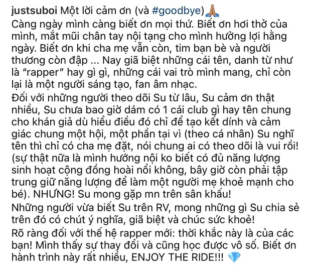 Suboi chia tay Rap Việt: Giã biệt những danh từ như rapper hay gì gì, những vai trò mình mang, chỉ còn lại là một người sáng tạo, fan âm nhạc - Ảnh 2.