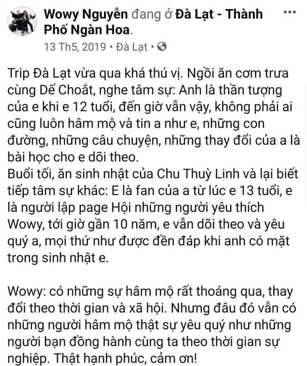 Trước khi thành thầy trò tại Rap Việt, Dế Choắt từng là fan cứng lập cả fanpage ủng hộ Wowy từ năm 13 tuổi - Ảnh 2.