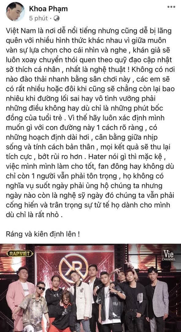 3h sáng, Karik đăng tâm thư gửi đến dàn thí sinh Rap Việt: Hater nói thì mặc kệ, nhưng dù chỉ có 1 fan thì cũng phải trân trọng - Ảnh 1.